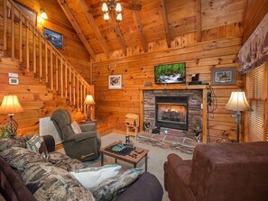 Fireplace, DVD player, foosball