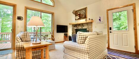 A cozy living room with a fireplace, checkered furniture, and large windows.