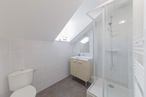 A modern bathroom with a skylight, a glass-enclosed shower, and a white toilet.