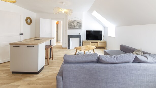 Een moderne woonkamer met een grijze bank, een houten salontafel en een televisie op een houten dressoir. Er is een keukenhoek met een witte koelkast, een houten aanrechtblad en een hanglamp.