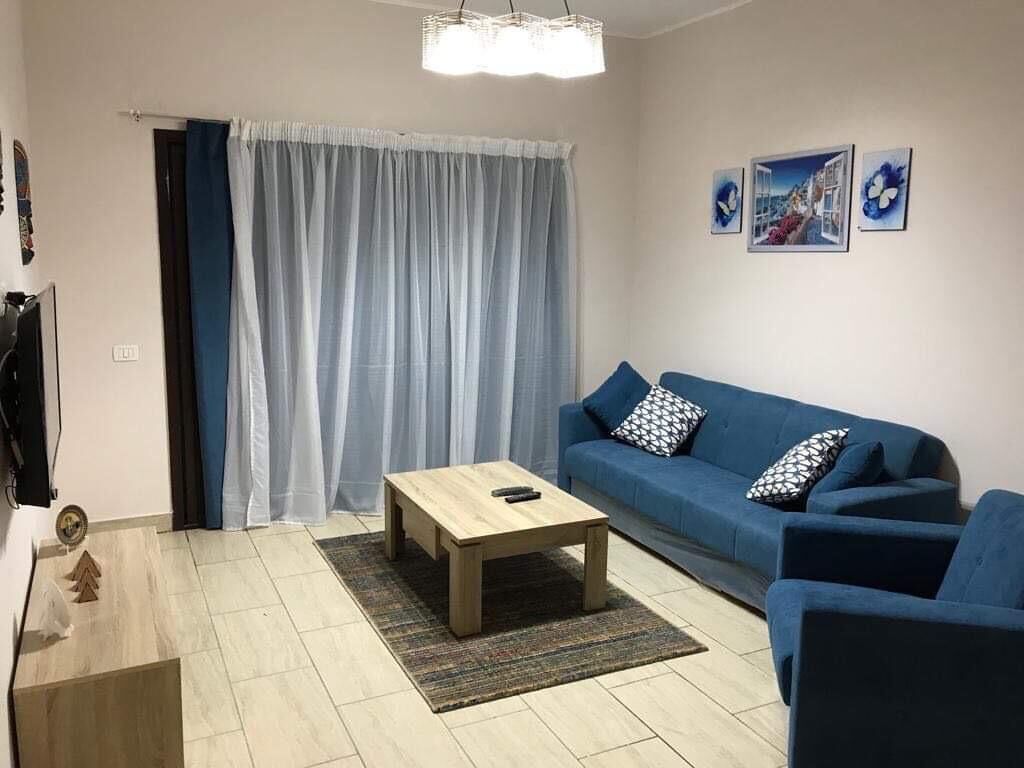 Een woonkamer met een blauwe bank, een houten salontafel en een vloerkleed met een patroon.
