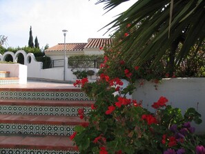 Un juego de escalones exteriores con baldosas estampadas, rodeado de plantas en flor y un muro blanco.
