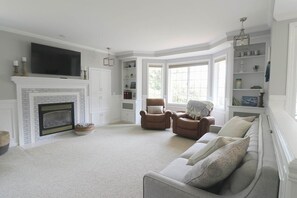 Smart TV, fireplace, video games, books