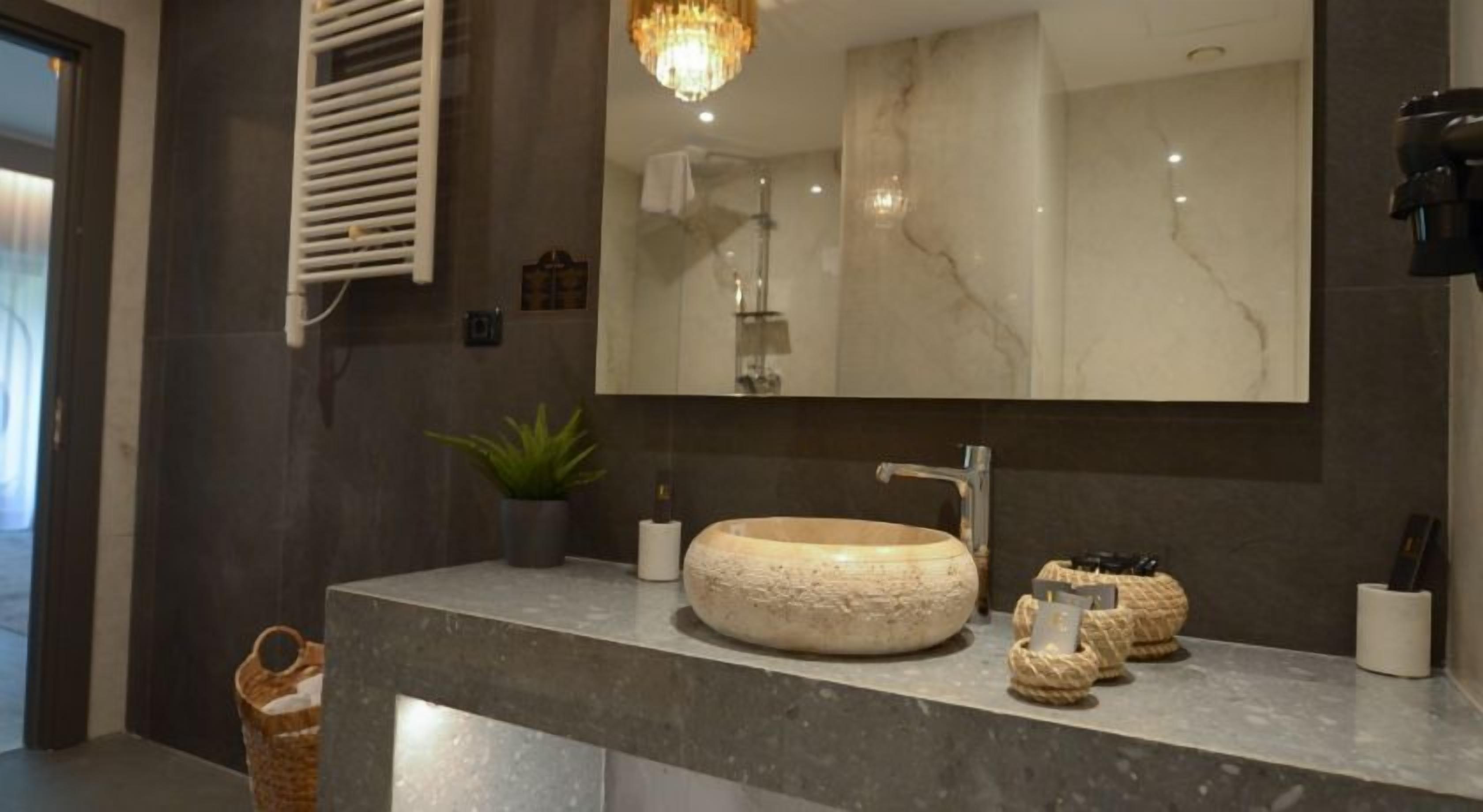 Un baño con un espejo grande, un lavabo redondo y una planta en maceta.