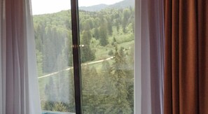 A window with a view of a forested landscape. - Elexus Poiana Brasov (Brasov)