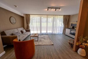 A modern living room with a sofa, coffee table, and a rug. - Elexus Poiana Brasov (Brasov)