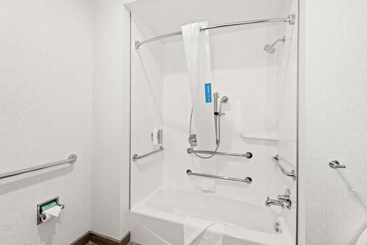A modern bathroom with a walk-in shower, grab bars, a bathtub, and a toilet paper holder.