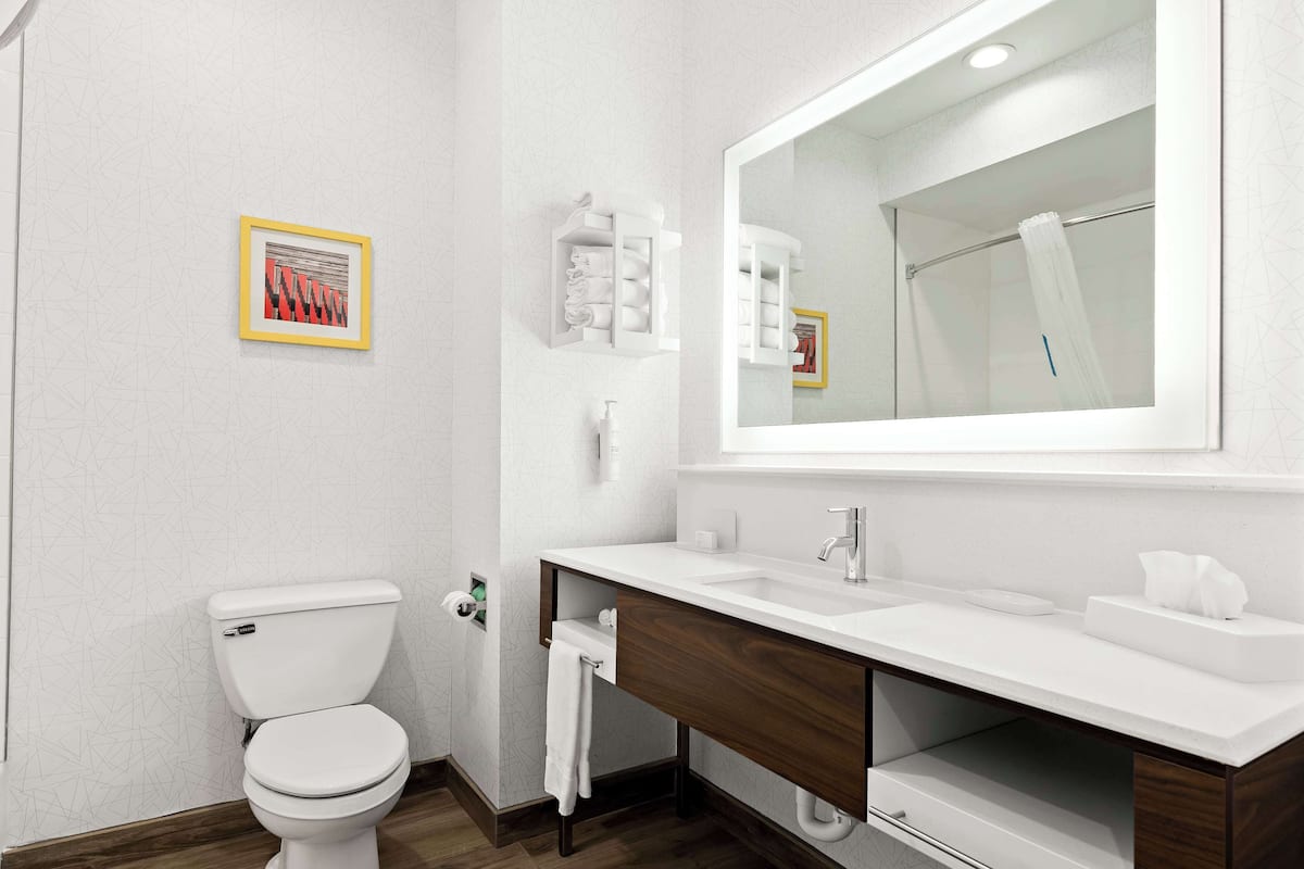 A modern bathroom with a toilet, sink, and mirror.