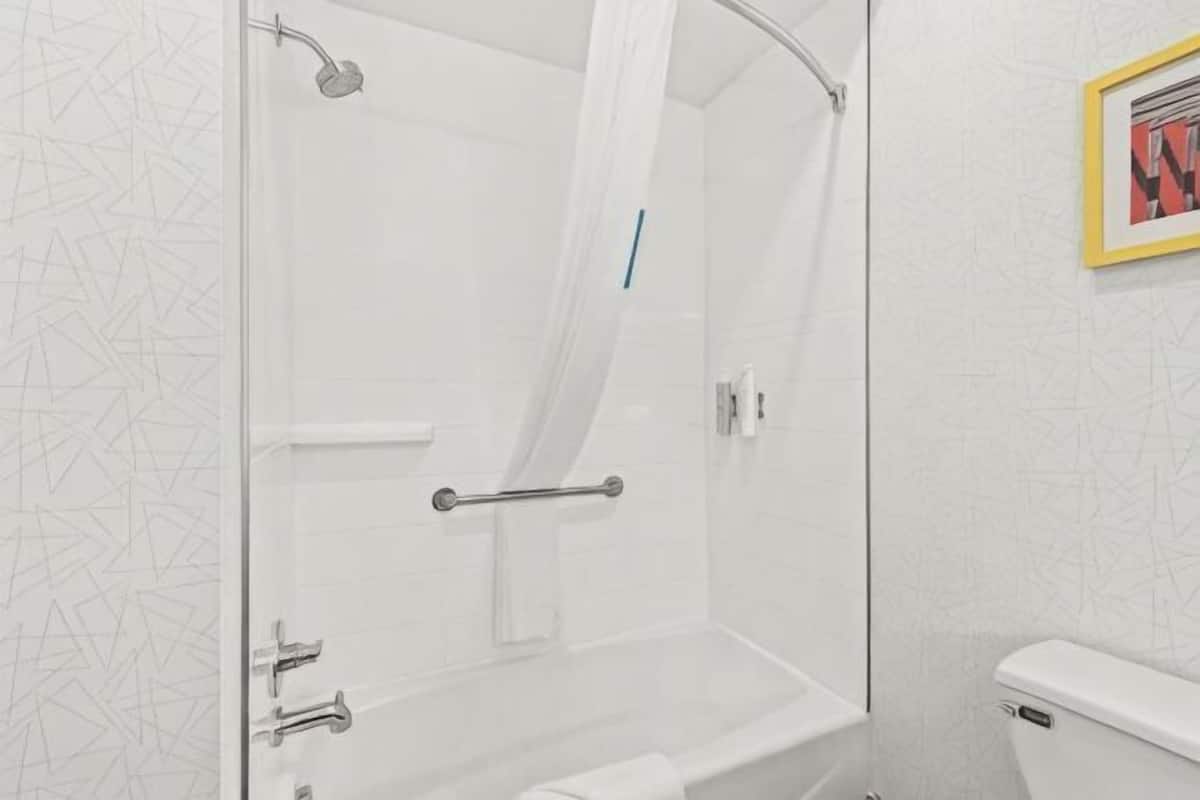 Hydromassage showerhead, hair dryer, towels, soap