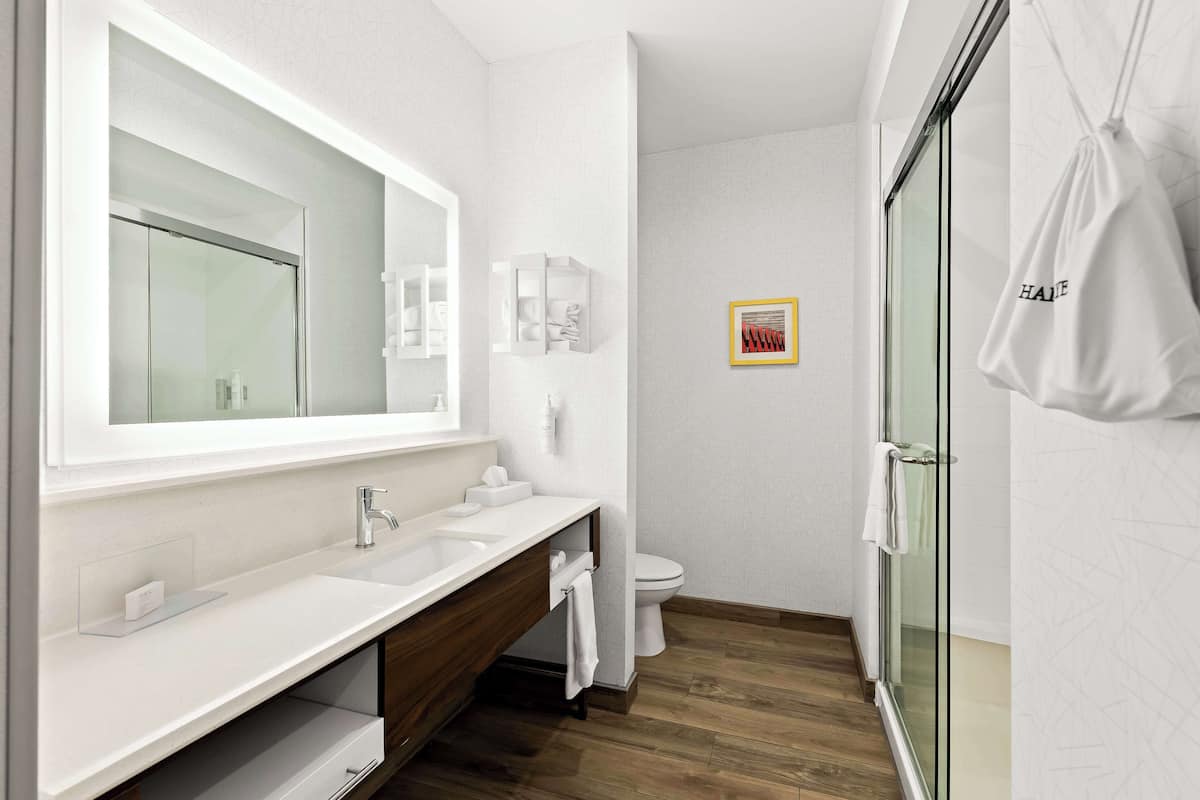 room, 1 king bed, refrigerator & microwave | bathroom | hydromassage showerhead, hair dryer, towels, soap