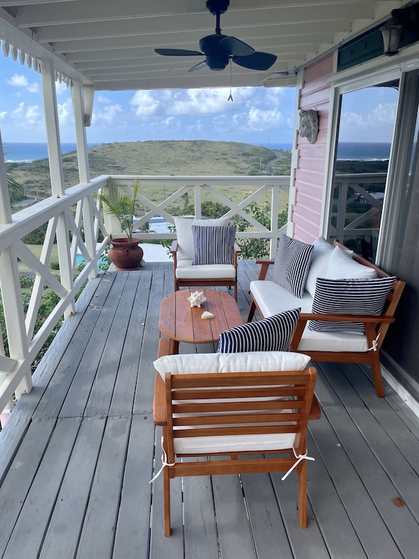A wooden deck with a sofa set, a coffee table, and a potted plant.