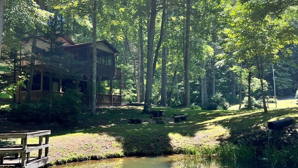 A lakeside cabin with a dock, surrounded by tall trees and a clear sky. - Happy mtn. home, enjoy 7 acres & 2 ponds, 1/2 mile to DuPont State Forest gate! (Cedar Mountain)