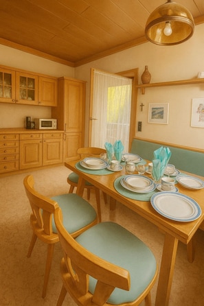 Zona pranzo con tavolo di legno apparecchiato per quattro, circondato da sedie abbinate. Si nota un forno a microonde nella zona cucina a sinistra.