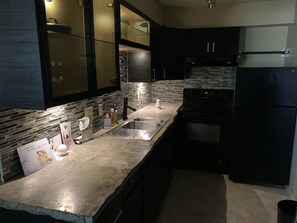 Eine moderne Küche mit Granit-Arbeitsplatte, Edelstahl-Spüle, schwarzen Schränken und einem schwarzen Kühlschrank.