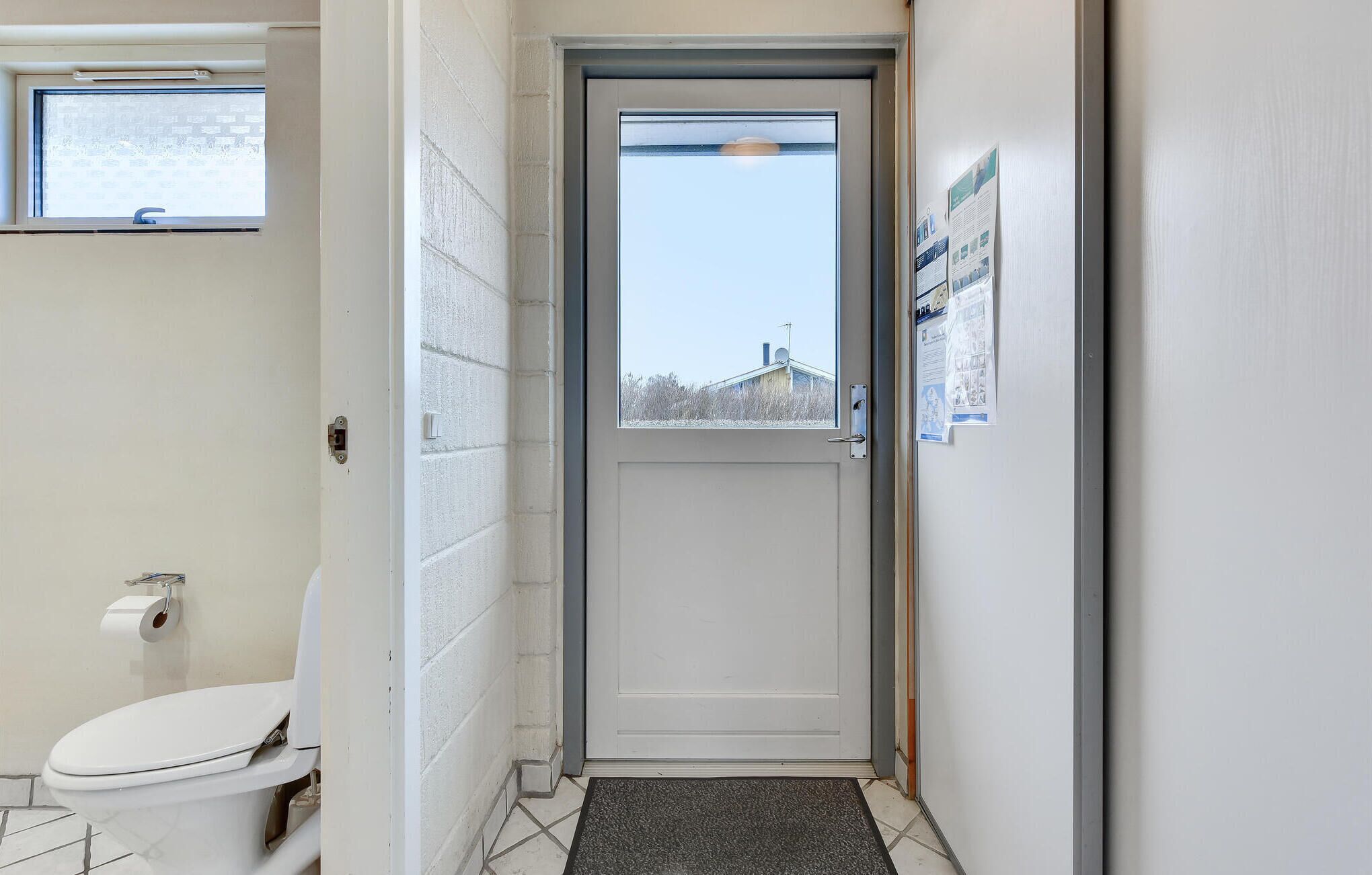 A narrow bathroom with a toilet, a door with a window, and a small mat at the entrance.