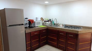 Fridge, microwave, stovetop, toaster