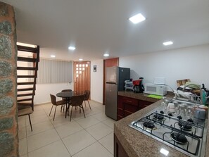 Fridge, microwave, stovetop, toaster