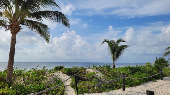 On the beach, sun loungers, beach towels