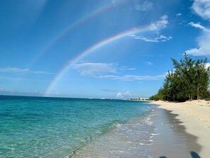 Een strand met helder turquoise water, een regenboog en een rij bomen.