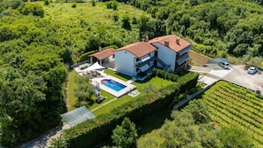 A two-story house with a swimming pool, surrounded by lush greenery and vineyards.