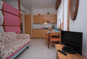 Cozy living space with a kitchenette, sofa, dining table, and television.