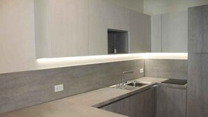 Eine moderne Küche mit eingebautem Spülbecken, einer Arbeitsplatte und einem eingebetteten Regal darüber.