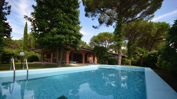 A rectangular swimming pool with clear blue water, surrounded by lush greenery and trees.