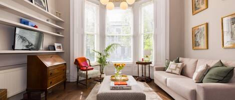 TV connectée, cheminée, livres