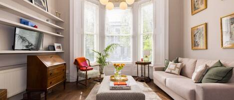 Smart TV, fireplace, books