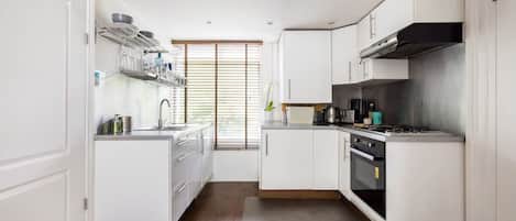 Fridge, oven, stovetop, coffee/tea maker