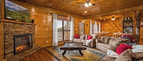 Smart TV, fireplace, video games, foosball