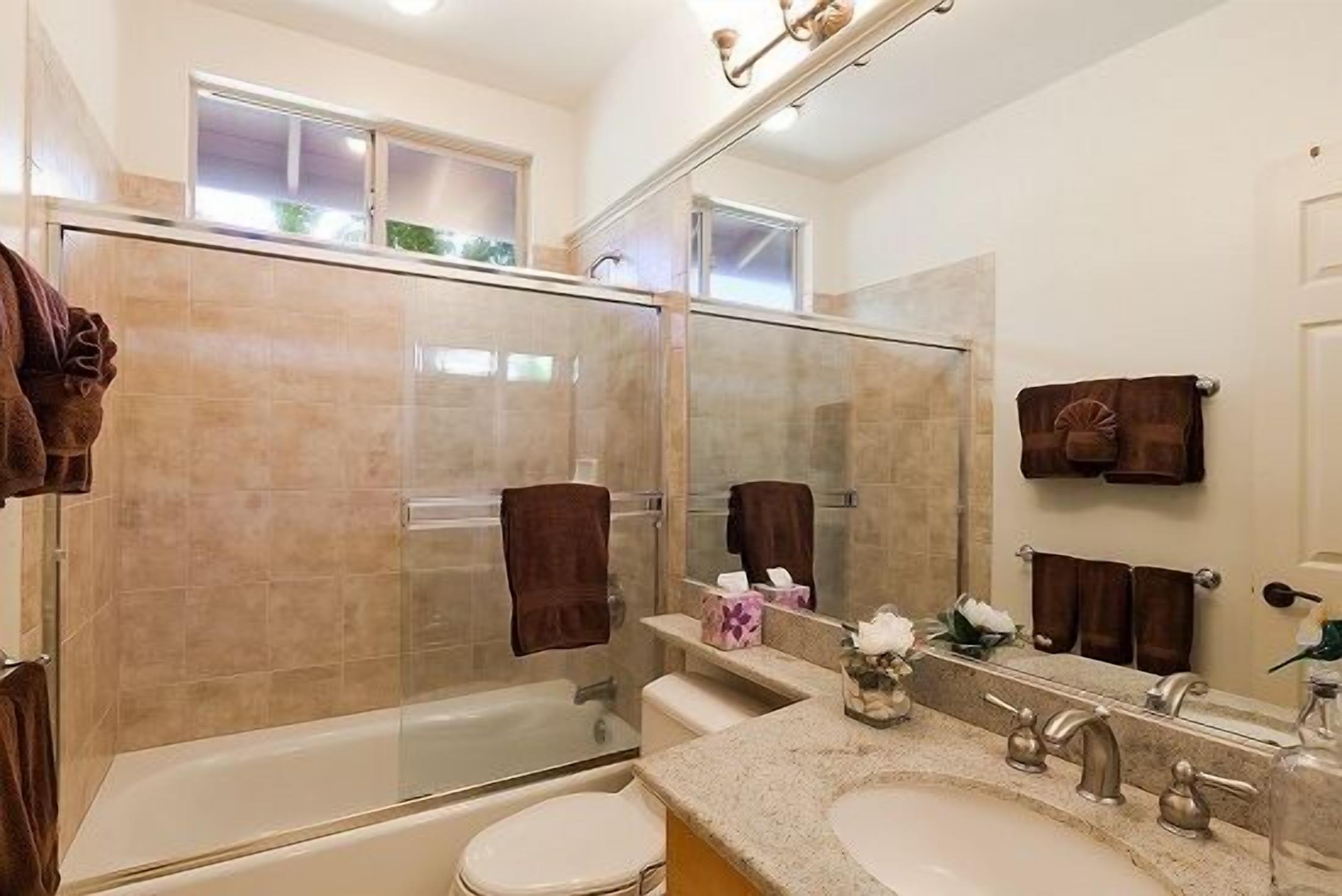 Hair dryer, towels, soap, shampoo