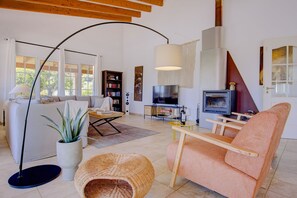 Télévision, cheminée, livres