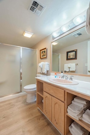 A bathroom with a glass shower enclosure, a white toilet, a sink with a mirror above it, and wooden cabinets with towels.