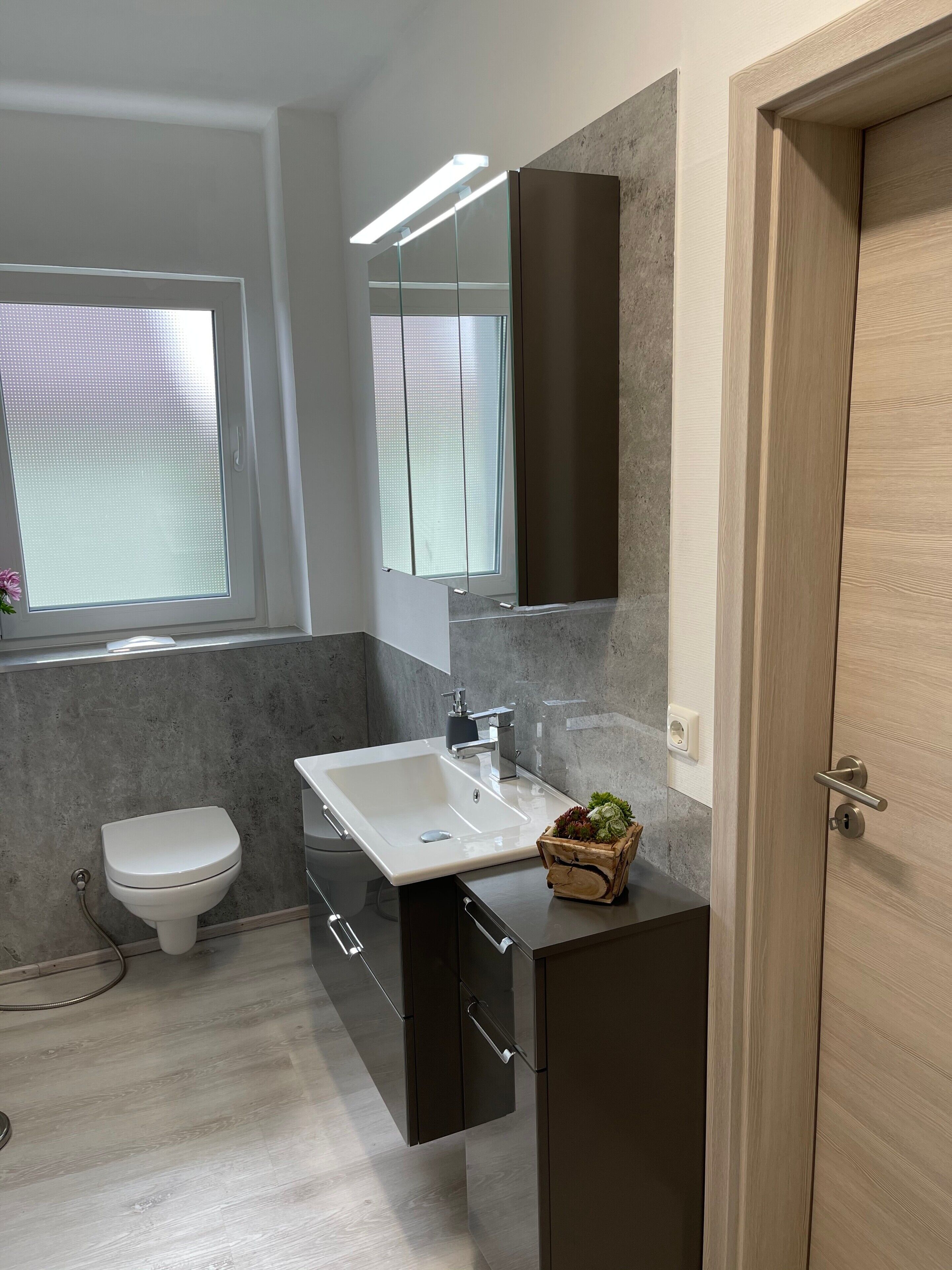 A modern bathroom with a toilet, sink, and mirror.