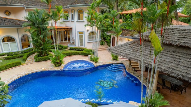 A large swimming pool with a tiled deck, surrounded by palm trees and a well-maintained garden.
