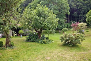 A lush garden with various trees and shrubs, a well-maintained lawn, and a small pond.