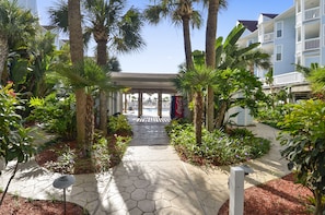 A pathway leading to a covered area with palm trees and a Coca-Cola sign.