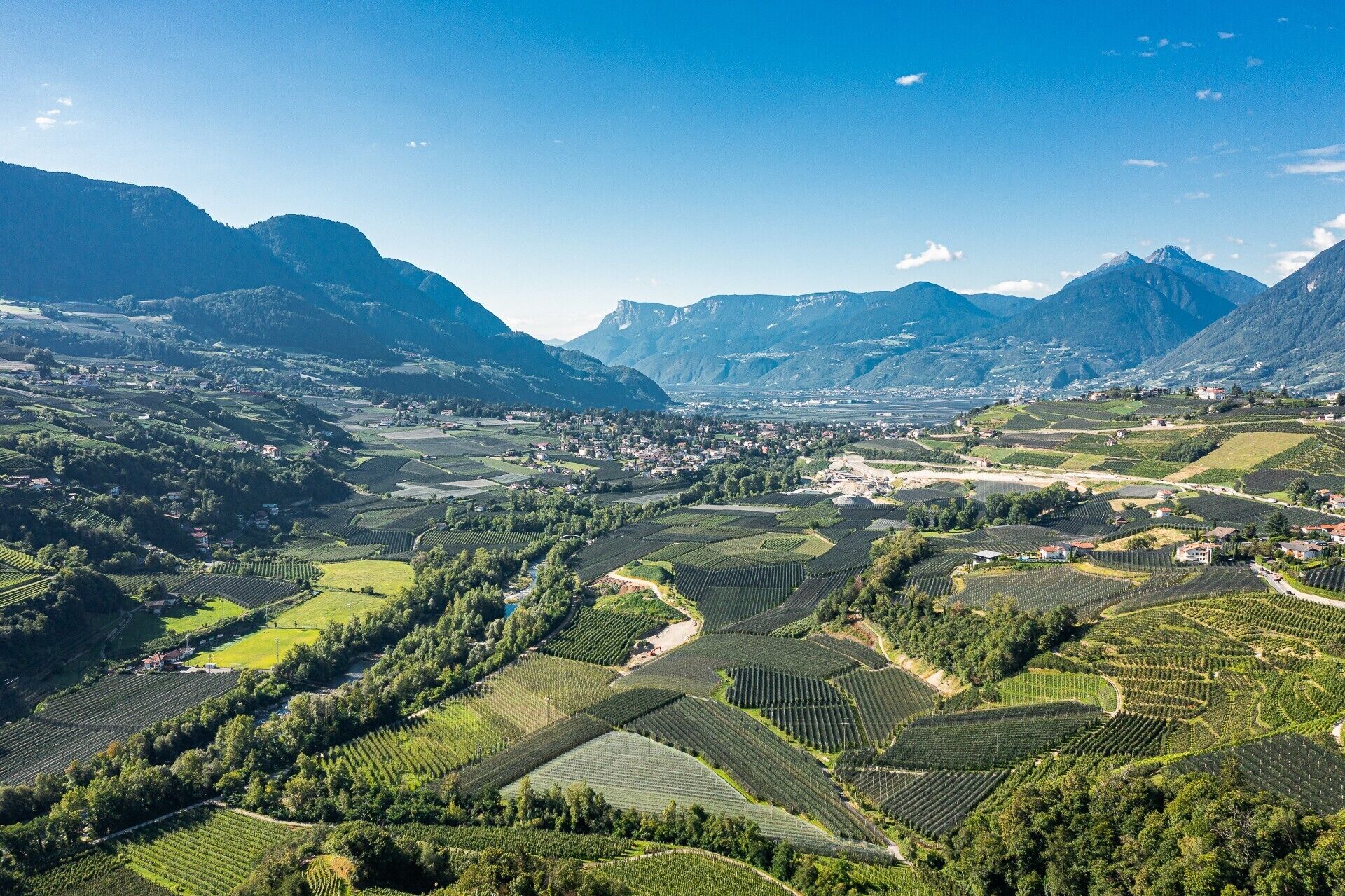 A mountainous landscape with terraced vineyards and a small village.