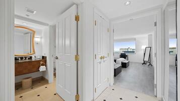 Combined shower/bathtub, free toiletries, hair dryer, towels