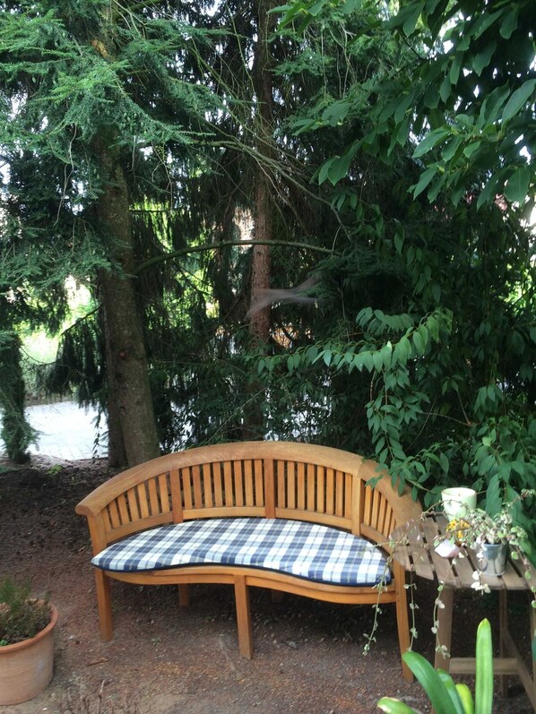 A wooden bench with a plaid cushion in a garden setting.