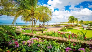 A tropical resort with palm trees, a beach, and a pool.