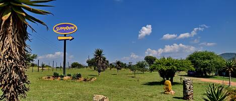 A signpost with "Sleepover" written on it, surrounded by a grassy field with various plants and a clear blue sky.