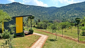 A modern building with a yellow and gray facade, surrounded by a well-maintained garden with a stone pathway leading to it.
