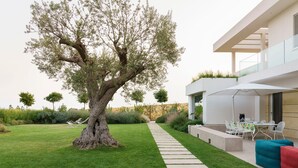 Eine moderne Terrassenanlage im Freien mit Baum, Weg und Gartenmöbeln.