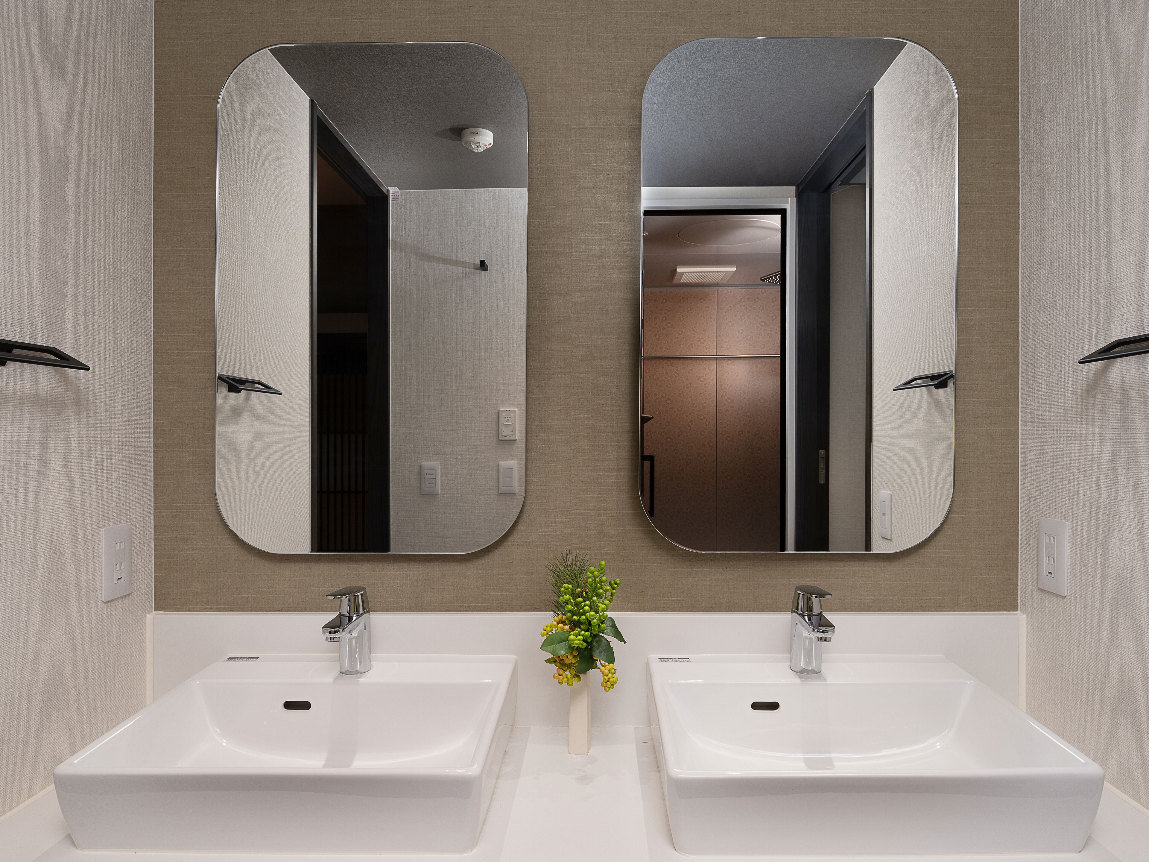 A modern bathroom with two sinks, a mirror, and a plant.