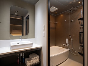 Separate bathtub and shower, rainfall showerhead, hair dryer