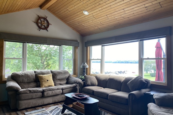 Living room with great view of the lake.