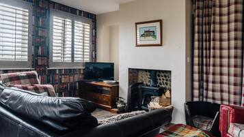 TV, fireplace, DVD player, books