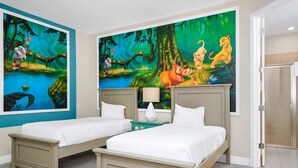 A hotel room with two beds, a large jungle-themed mural, a small table with a lamp, and a shower area. - Spectacular Home near Disney: Waterpark, Theater, Pool Table - 332SF (Kissimmee)